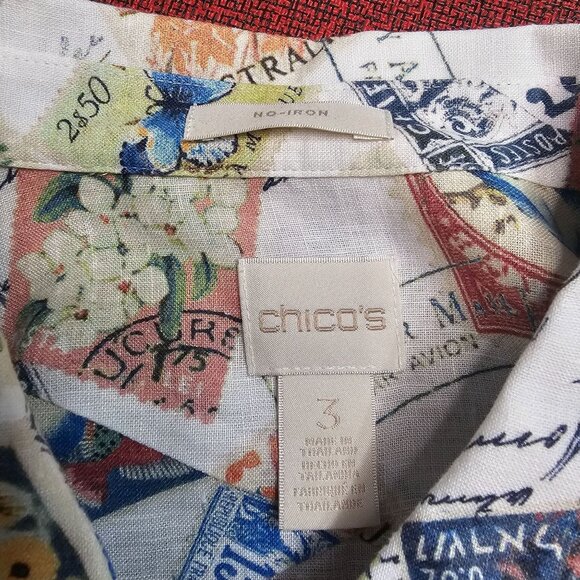 Chicos No-Iron Linen Button Up Shirt XL Postcard Print Coastal Artsy Travel - Picture 4 of 12